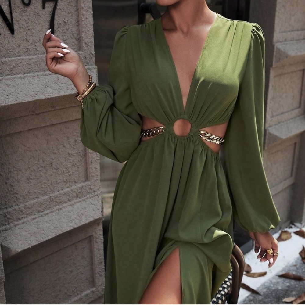 Green Preppy Womens Cut Out Waist Plunging Neck Lantern Sleeve Split Thigh Dress